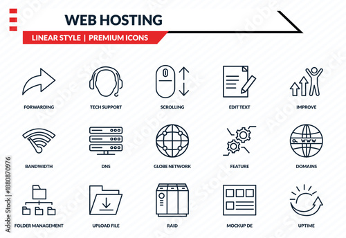 web hosting icons set - forwarding, tech support, bandwidth, raid, uptime outline vector collection.