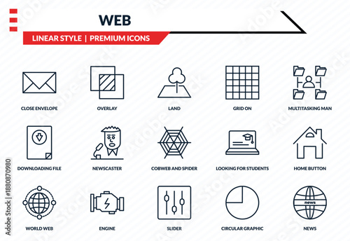 web icons set - close envelope, overlay, downloading file, slider, news outline vector collection.