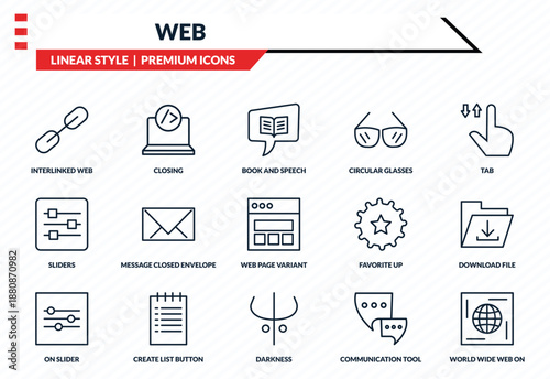 web icons set - interlinked web, closing, sliders, darkness, world wide web on grid outline vector collection.