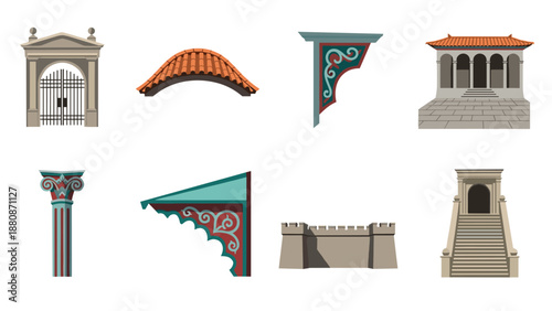 Elegant architectural elements: classical, renaissance, and modern structures in flat design