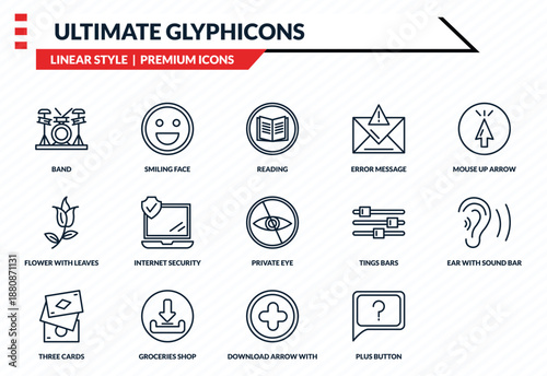 ultimate glyphicons icons set - band, smiling face, flower with leaves, download arrow with bar, question message outline vector collection.