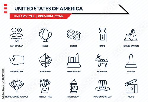 united states of america icons set - father's day, eagle, washington, fire hydrant, movie outline vector collection.