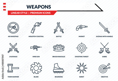 weapons icons set - no shooting, molotov cocktail, 2 katanas, boarding, objetive outline vector collection.