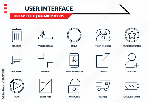 user interface icons set - eliminar, voice message, sort down, unblocked, charging status outline vector collection.