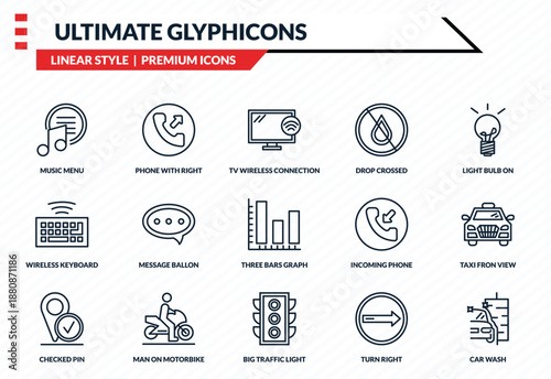 ultimate glyphicons icons set - music menu, phone with right arrow, wireless keyboard, big traffic light, car wash outline vector collection.