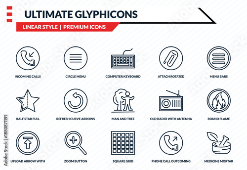 ultimate glyphicons icons set - incoming calls, circle menu, half star full, square grid, medicine mortar outline vector collection.