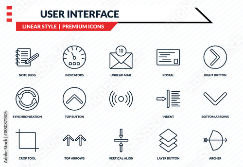 user interface icons set - note blog, indicators, synchronisation, vertical align, archer outline vector collection.