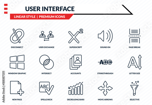 user interface icons set - disconnect, user exchange, window graphic, decreasing bars chart, selective outline vector collection.