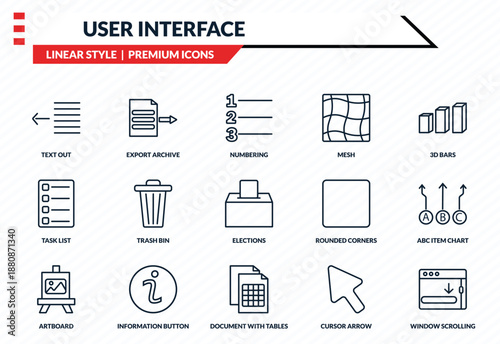 user interface icons set - text out, export archive, task list, document with tables, window scrolling right outline vector collection.