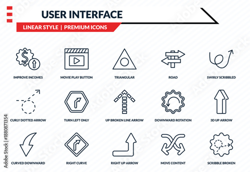 user interface icons set - improve incomes, movie play button, curly dotted arrow, right up arrow, scribble broken line outline vector collection.