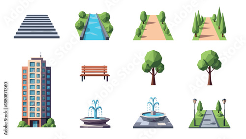 Isometric park and urban elements: buildings, trees, paths, and fountains