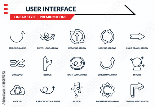 user interface icons set - semicircular up arrow, sketch loop arrow, crossover, musical, 3d turn right arrow outline vector collection.