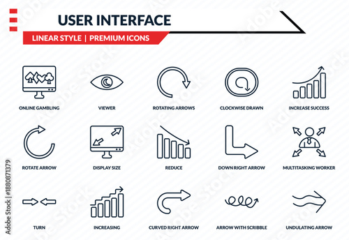 user interface icons set - online gambling, viewer, rotate arrow, curved right arrow, undulating arrow outline vector collection.