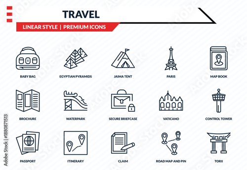 travel icons set - baby bag, egyptian pyramids, brochure, claim, torii outline vector collection.
