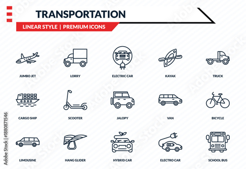 transportation icons set - jumbo jet, lorry, cargo ship, hybrid car, school bus outline vector collection.