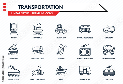 transportation icons set - metro, houseboat, schooner, yawl, light rail outline vector collection.