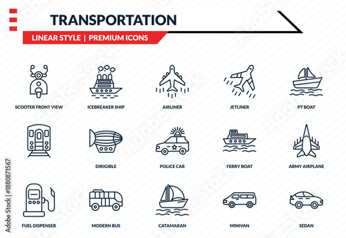 transportation icons set - scooter front view, icebreaker ship, , catamaran, sedan outline vector collection.