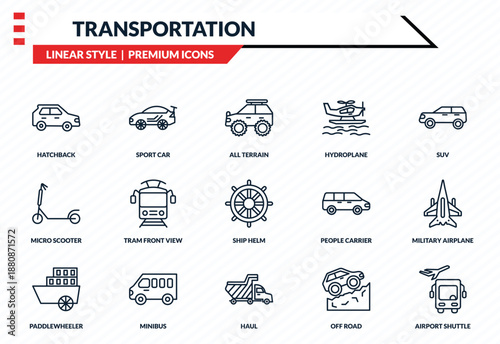 transportation icons set - hatchback, sport car, micro scooter, haul, airport shuttle outline vector collection.