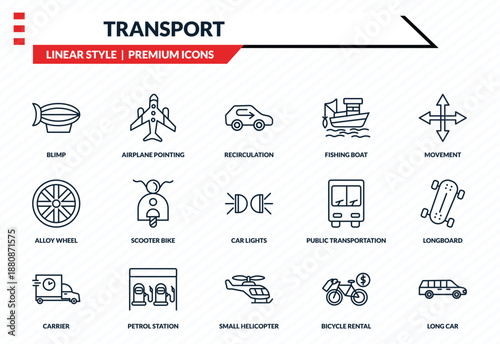 transport icons set - blimp, airplane pointing up, alloy wheel, small helicopter, long car outline vector collection.