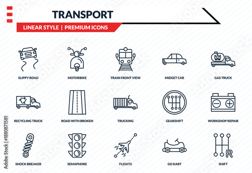 transport icons set - slippy road, motorbike, recycling truck, flights, shift outline vector collection.