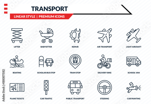 transport icons set - lifter, babysitter, boating, public transport, car painting outline vector collection.