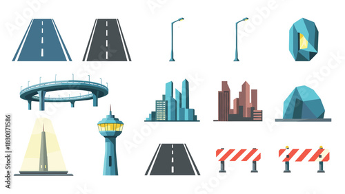 Urban infrastructure elements collection with roads, buildings, and structures in flat style