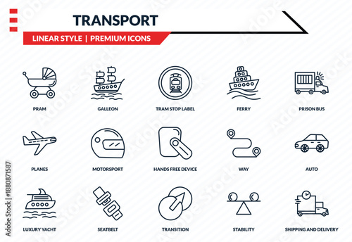 transport icons set - pram, galleon, planes, transition, shipping and delivery outline vector collection.