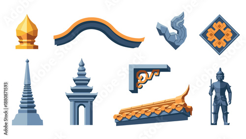 Traditional thai architectural elements in colorful flat design