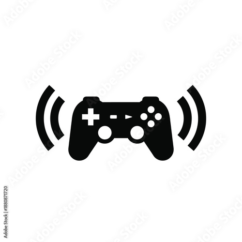 Black game controller with white accents and signal waves