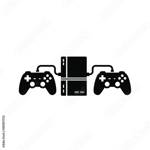 Black gaming console with two controllers game