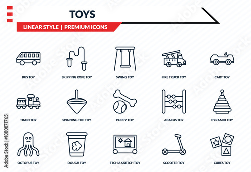 toys icons set - bus toy, skipping rope toy, train toy, etch a sketch cubes outline vector collection.