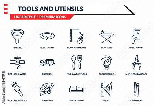 tools and utensils icons set - filtering, rotate right, pipe losing water, house things, chopsticks outline vector collection.
