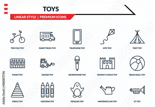 toys icons set - tricycle toy, dump truck toy, piano toy, penguin et outline vector collection.
