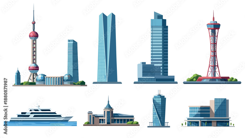 Obraz premium Modern urban landmarks and skyscrapers with futuristic architecture elements on a white background