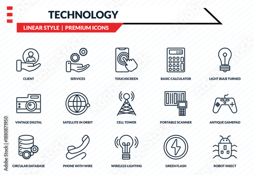 technology icons set - client, services, vintage digital camera, wireless lighting, robot insect outline vector collection.