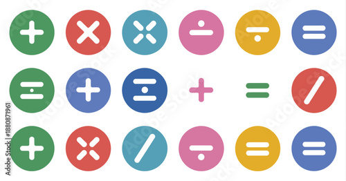 Mathematics symbols icon set in flat vector style, featuring plus, minus, multiply, divide, equal, and percent signs in colorful circles and squares, ideal for educational materials