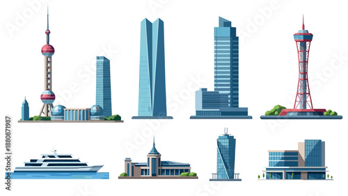 Modern urban landmarks and skyscrapers with futuristic architecture elements on a white background