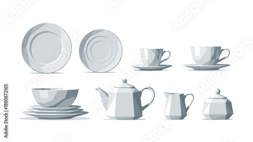 Geometric low poly ceramic tableware set with plates and teapot