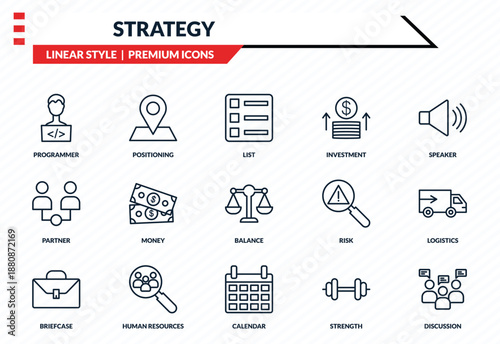strategy icons set - programmer, positioning, partner, calendar, discussion outline vector collection.