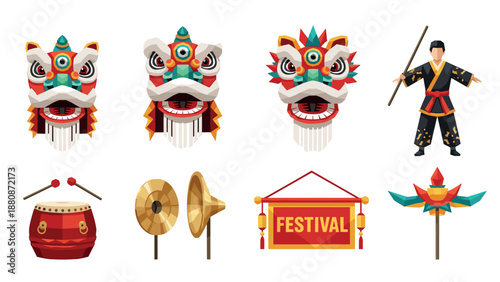 Vibrant chinese festival elements: dragon masks, traditional drums, and cymbals