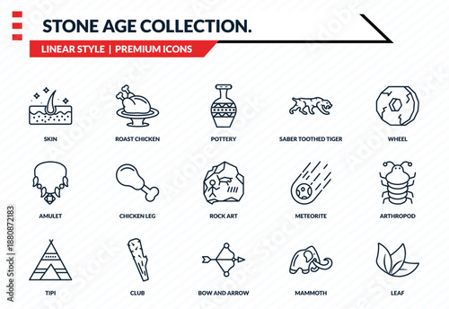 stone age collection. icons set - skin, roast chicken, amulet, bow and arrow, leaf outline vector collection.