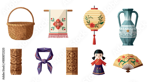 Traditional decorative objects: basket, lantern, vase, and cultural symbols