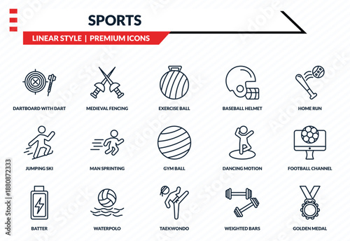 sports icons set - dartboard with dart, medieval fencing, jumping ski, taekwondo, golden medal outline vector collection.