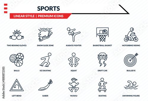 sports icons set - two boxing gloves, snow slide zone, balls, wushu, swimming figure outline vector collection.