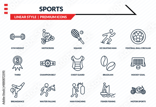 sports icons set - gym weight, motocross, third, man punching, motor sports outline vector collection.