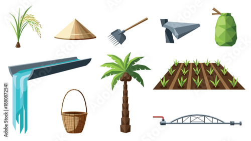 Agriculture elements: tools, crops, and irrigation in modern farming design