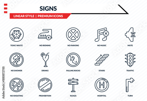 signs icons set - toxic waste, no ironing, no shower, roads, turn outline vector collection.