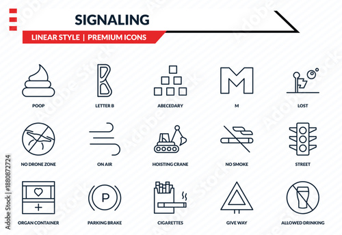 signaling icons set - poop, letter b, no drone zone, cigarettes, allowed drinking outline vector collection.