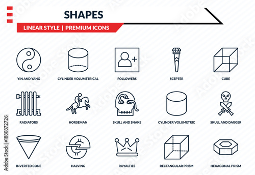 shapes icons set - yin and yang, cylinder volumetrical, radiators, royalties, hexagonal prism outline vector collection.