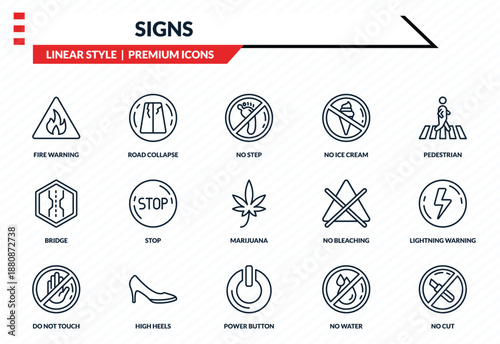 signs icons set - fire warning, road collapse, bridge, power button, no cut outline vector collection.